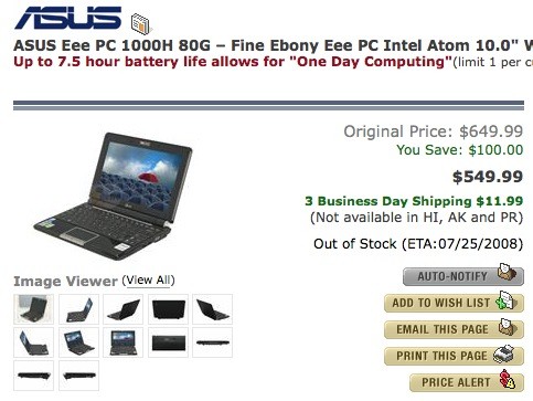  ## Asus Eee PC 1000H'nin Fiyatında 100$'lık İndirim ##