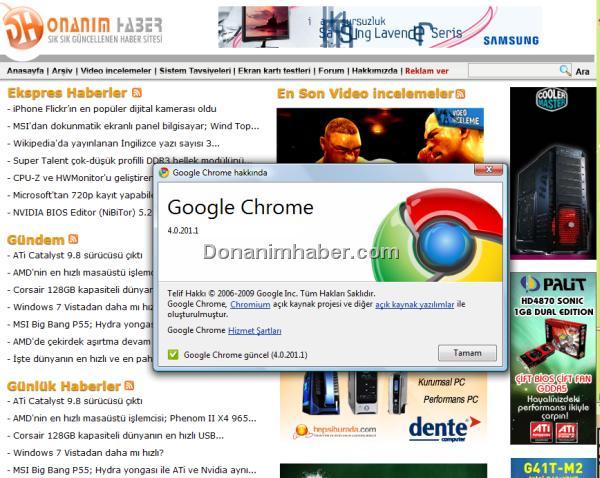Google Chrome için 4.0.201.1 sürüm numaralı yeni versiyon yayınlandı