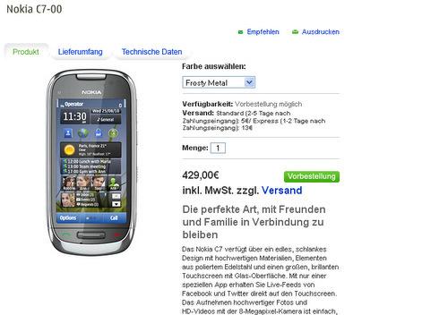 Nokia C7 için 429 Euro'dan ön sipariş alınmaya başlandı
