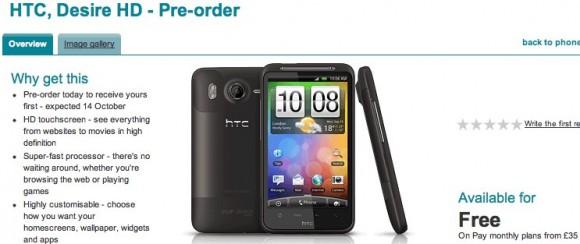 Vodafone UK, HTC Desire HD'yi ön sipariş listesine koydu