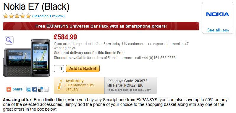 Expansys, Nokia E7 için 585 Pound'dan ön sipariş alıyor