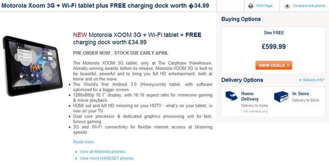 Motorola Xoom (3G + Wi-Fi) için İngiltere'de 599,99 Pound'dan ön sipariş alınıyor