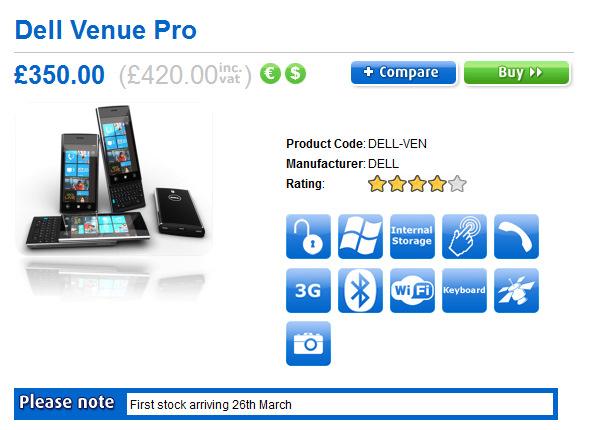 Windows Phone 7'li Dell Venue Pro, 26 Mart'ta İngiltere'ye giriş yapıyor