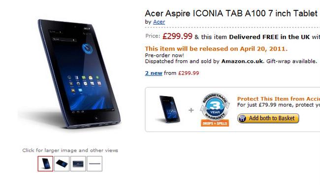 Acer'ın Android tableti Iconia Tab A100 için İngiltere'de 490$'dan ön sipariş alınıyor