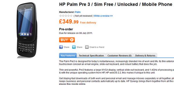 webOS 2.2 desteği sunan HP Pre 3 için İngiltere'de 350 Pound'dan ön sipariş alınıyor