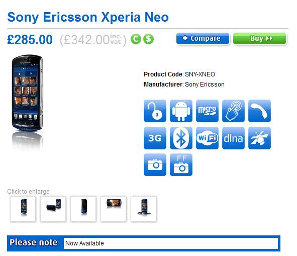 Sony Ericsson Xperia Neo'nun nihayet 383 Euro'dan İngiltere'de satışına başlandı