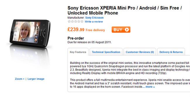 Sony Ericsson Xperia Mini Pro için İngiltere'de 383$'dan ön sipariş alınıyor