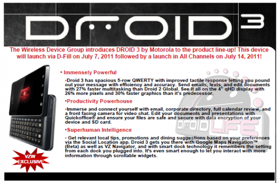 Motorola Droid 3'ün 14 Temmuz'da yaygın satışına başlanacağı kesinlik kazandı