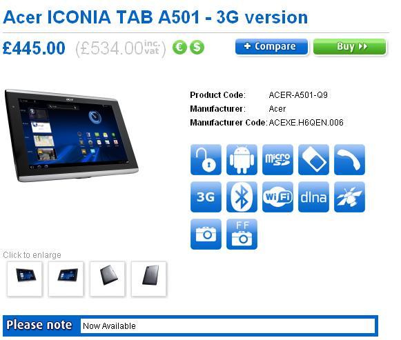 Nvidia Tegra 2'li Acer Iconia Tab A501, İngiltere'de satışa sunuldu