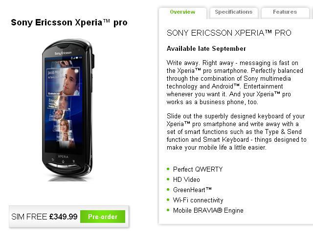Sony Ericsson Xperia Pro'nun İngiltere çıkışı eylül ayının da sonuna ertelendi