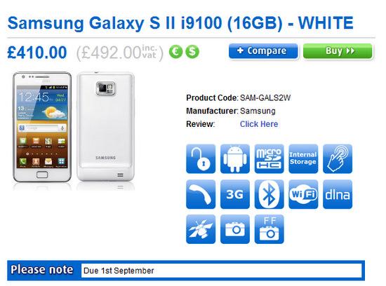 Beyaz Samsung Galaxy S II resmiyet kazandı; Telefon 1 Eylül'de İngiltere yolcusu