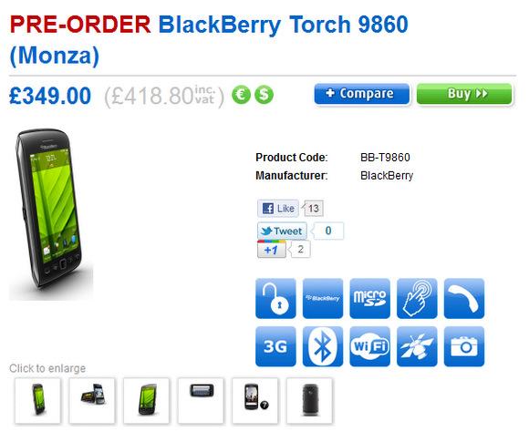 BlackBerry Curve 9360, Torch 9810, Torch 9860 için İngiltere'de ön sipariş alınıyor