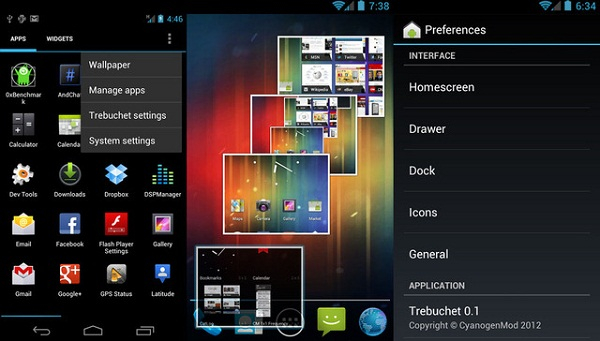 CyanogenMod 9 versiyonunun ana ekran uygulaması Trebuchet erken alfa sürümde ortaya çıktı