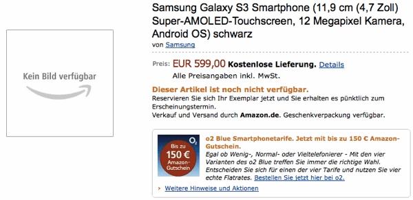 Amazon Almanya, Samsung Galaxy III listeye aldı; 599 Avro