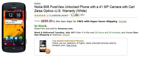 Nokia 808 PureView, Amazon tarafından Amerika'da satışa sunuldu