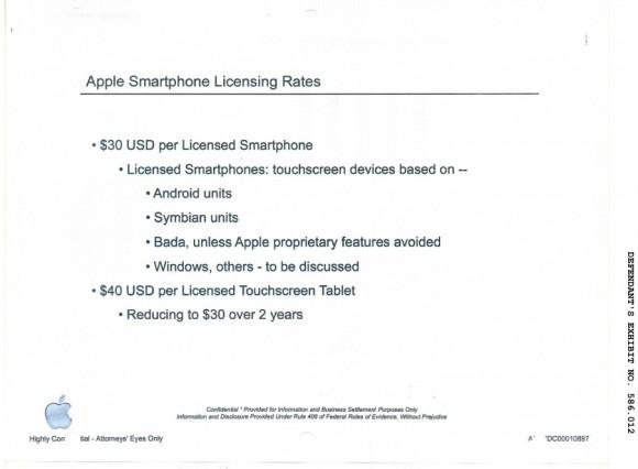 Mahkemeye sunulan dökümanlarda Apple'ın Samsung'dan 30$ lisans bedeli istediği ortaya çıktı