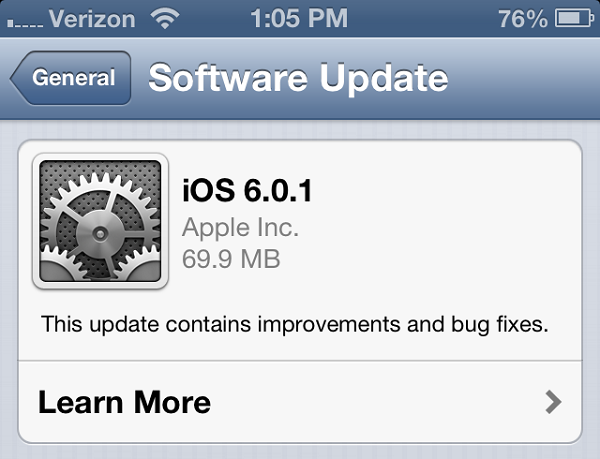 Apple, iOS 6.0.1 güncellemesini yayınladı
