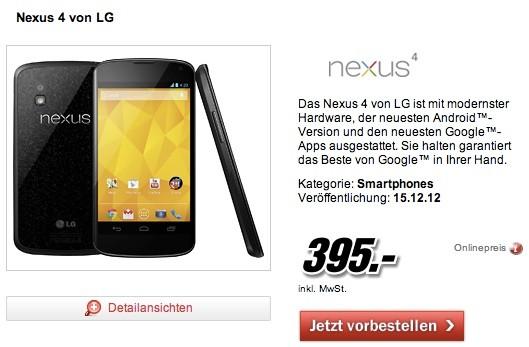 Google Nexus 4, 395€ fiyat etiketiyle Media Markt tarafından listelendi