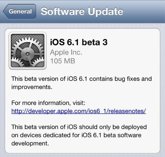 iOS 6.1 Beta 3 yayınlandı