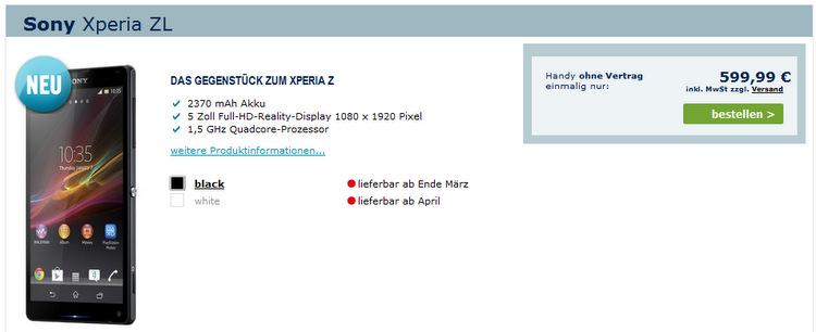 Sony Xperia ZL, Almanya'da 599,99 Euro'dan ön siparişe açıldı