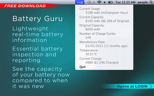 Detaylı batarya bilgisi veren Mac uygulaması Battery Guru artık ücretsiz
