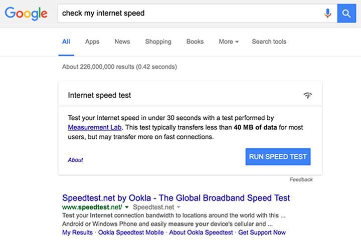 Google arama sonucunda internet hızınızı ölçmeye başlıyor
