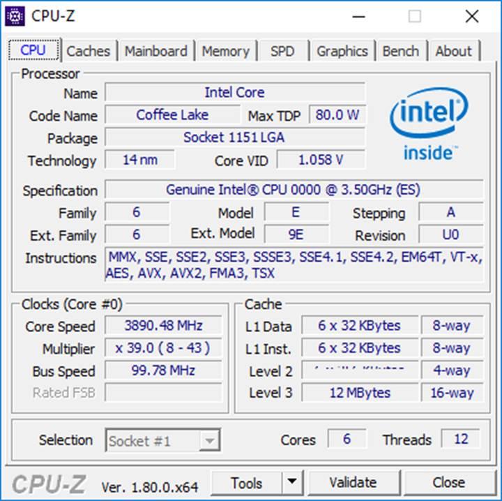 Intel'in 6 çekirdekli Coffee Lake işlemcisinden CPU-Z görüntüsü geldi