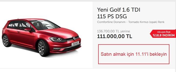 N11, 111 bin TL'ye Volkswagen Golf satıyor