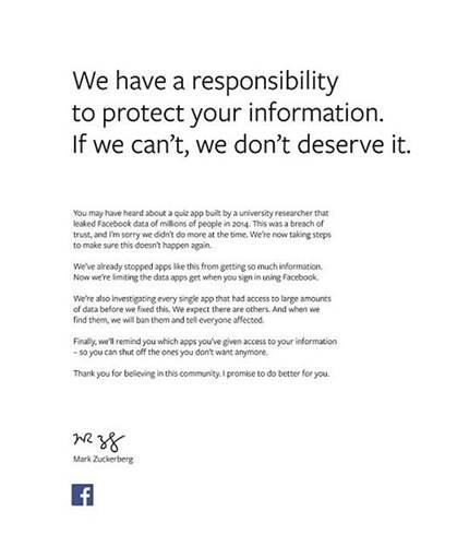 Mark Zuckerberg gazetelere tam sayfa özür ilanı verdi