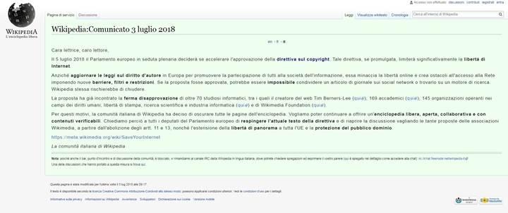 Wikipedia Avrupa Birliği'ni protesto ediyor: İtalyanca versiyonu kapatıldı