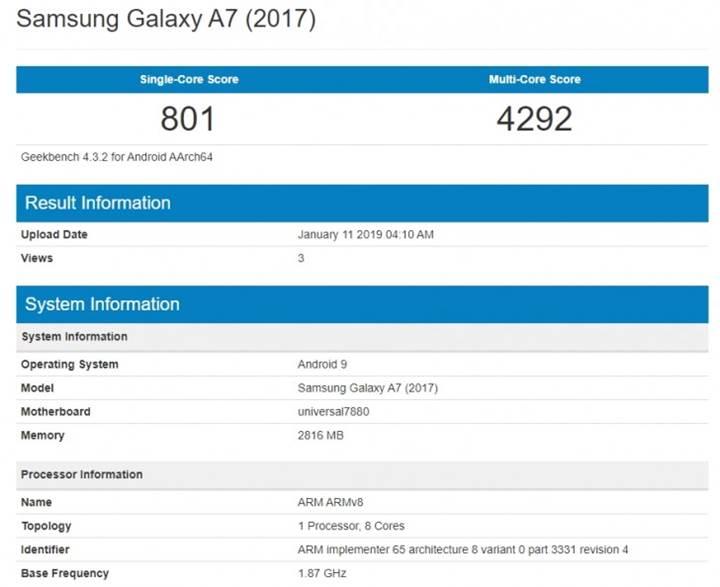 Samsung Galaxy A7(2017) Geekbench'te Android Pie ile görüntülendi