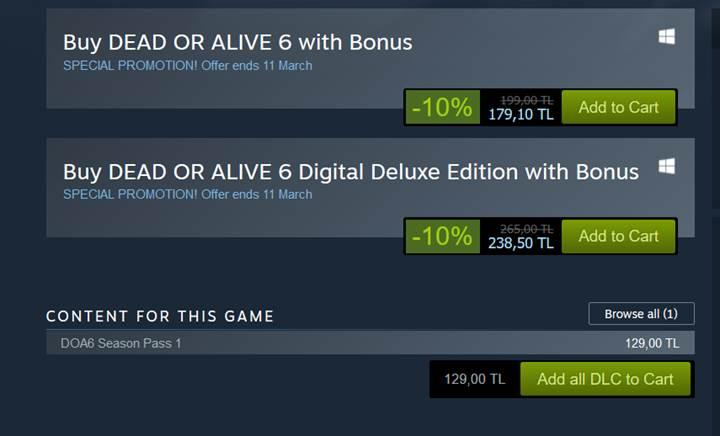 93 dolara satılan Dead or Alive 6 Season Pass'i, Steam Türkiye’de 129 TL