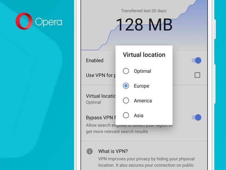 Opera tarayıcısının Android uygulamasına dahili VPN özelliği geldi