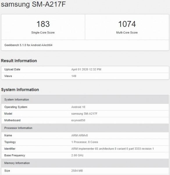 Exynos 850 işlemcili Samsung Galaxy A21s, Geekbench'te ortaya çıktı