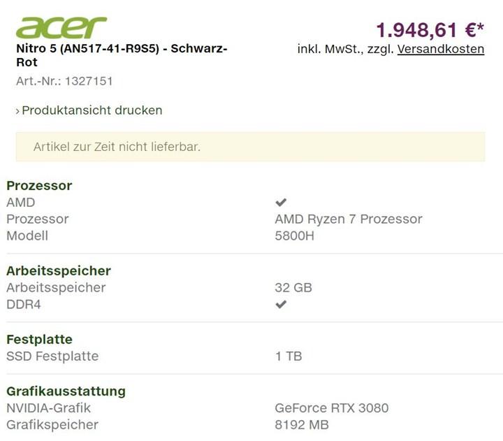 Ryzen 7 5800H ve RTX 3080’li Acer oyuncu dizüstüsü fiyatı sızdı