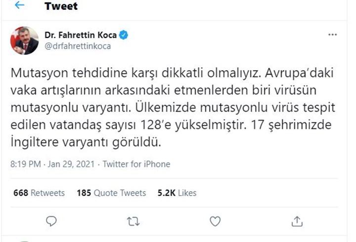 Sağlık Bakanı Koca açıkladı ! Türkiye'de mutasyonlu koronavirüs vaka sayıları açıklandı