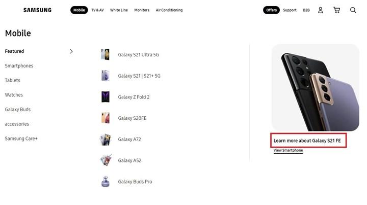 Galaxy S21 FE, Samsung'un resmi web sitesinde ortaya çıktı