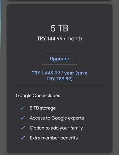 Google One 5TB Fiyatı