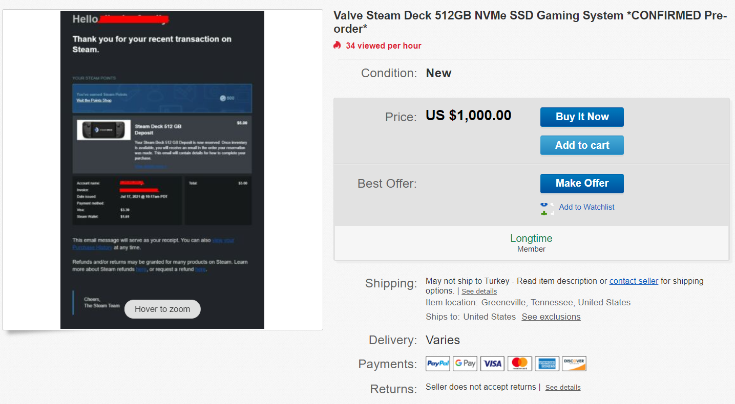 Steam Deck eBay fiyatları