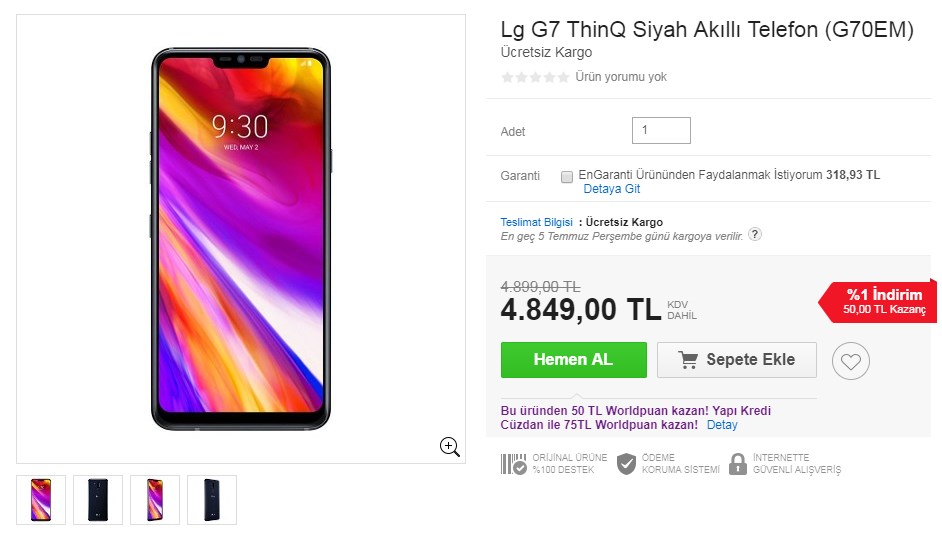 LG G7 ThinQ fiyatı