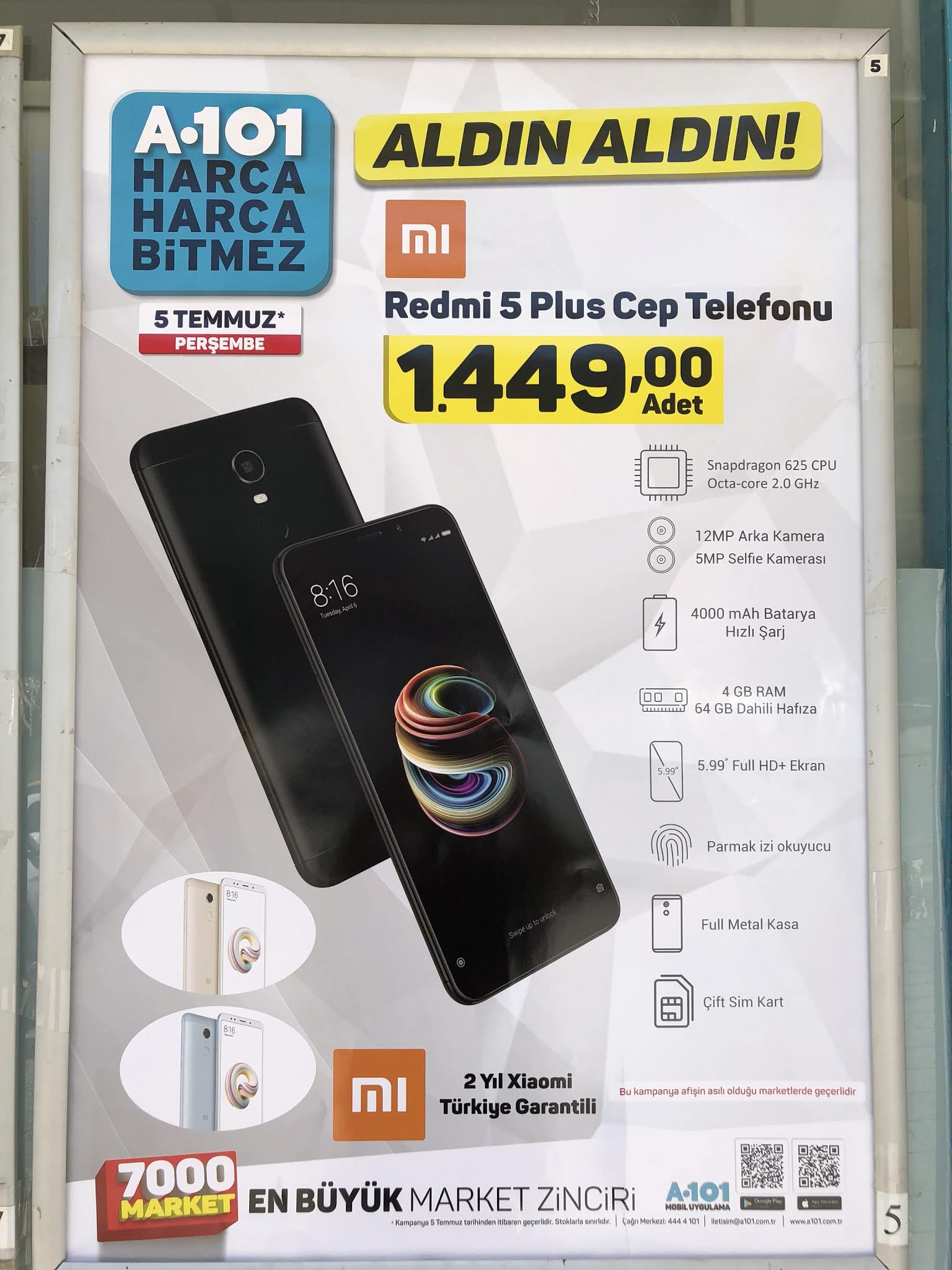 A-101 uygun fiyata Xiaomi Türkiye garantili Redmi 5 Plus satıyor!