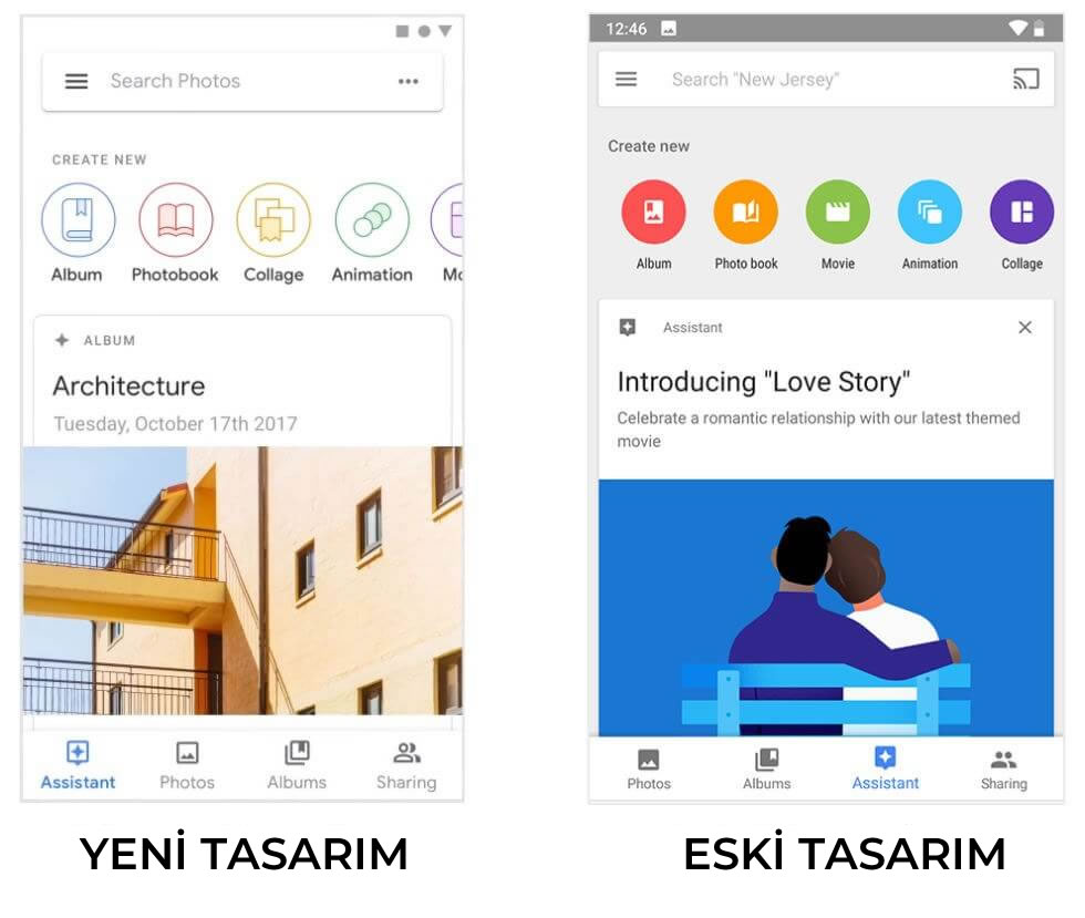 Google'ın tamamen beyaz olarak yenilenen materyal tasarımından örnekler