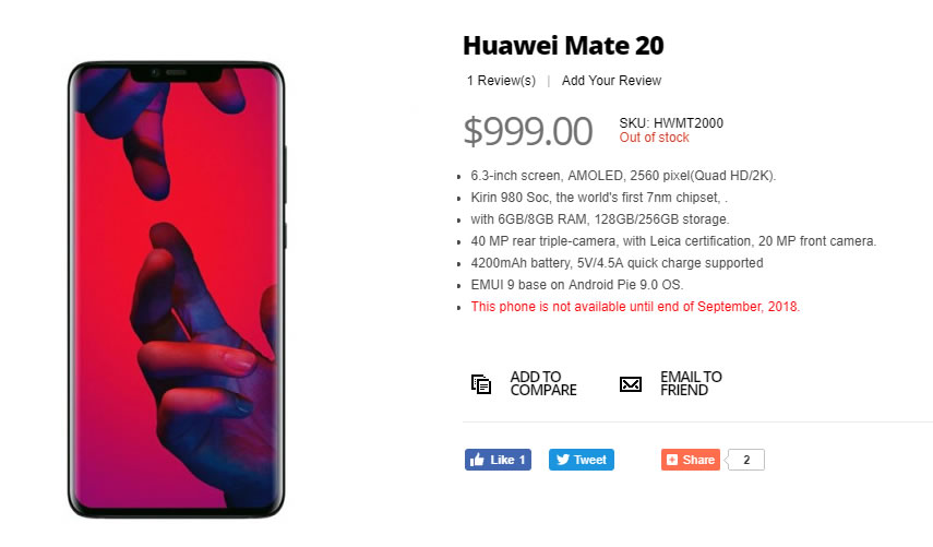 Huawei Mate 20'nin fiyatı ve özellikleri bir perakende satış sitesinde listelendi