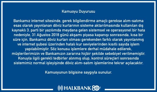 Halkbank hatalı döviz kurlarına ilişkin yazılı bir açıklama yayınladı