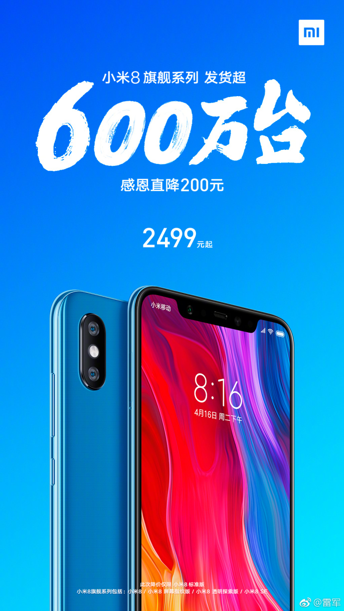 Xiaomi Mi 8, dört ayda 6 milyon adet sattı