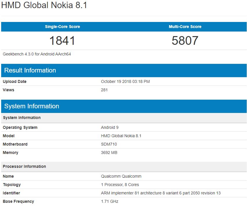 Nokia 8.1 özellikleri Geekbench sonuçları ile ortaya çıktı