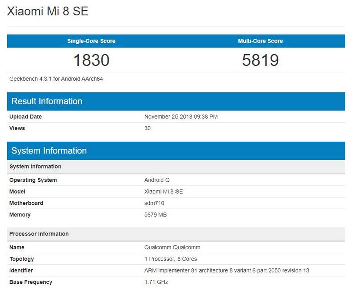 Xiaomi Mi 8 SE Geekbench’te Android Q ile görüntülendi