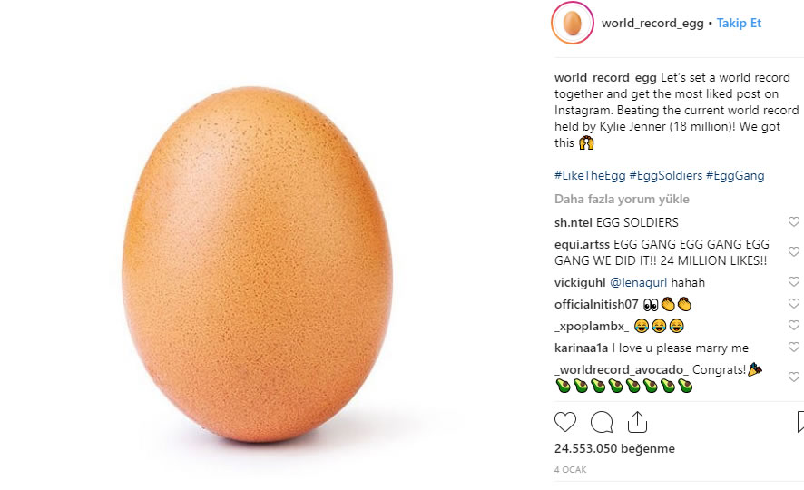 Kylie Jenner'ın Instagram beğeni rekoru bir yumurta tarafından kırıldı
