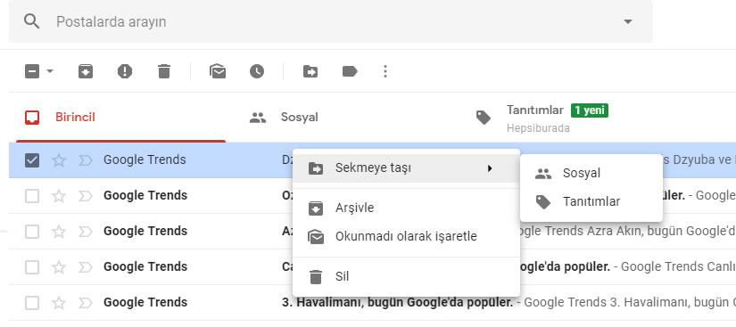 Gmail'in sağ tık menüsüne yeni özellikler geliyor