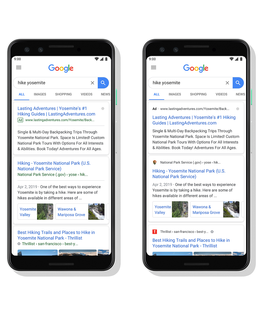 Google Arama yeni tasarımında web sitelerinin adlarını ve logolarını gösteriyor